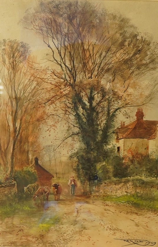Henry Charles Fox (1855-1929), watercolour, Herder and cattle, signed and dated 1909, 54 x 36cm. Condition - fair